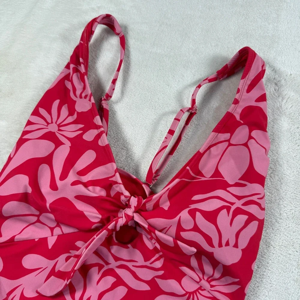 Pink and Red Tropical Floral Tie Front One Piece Swimsuit Women Large